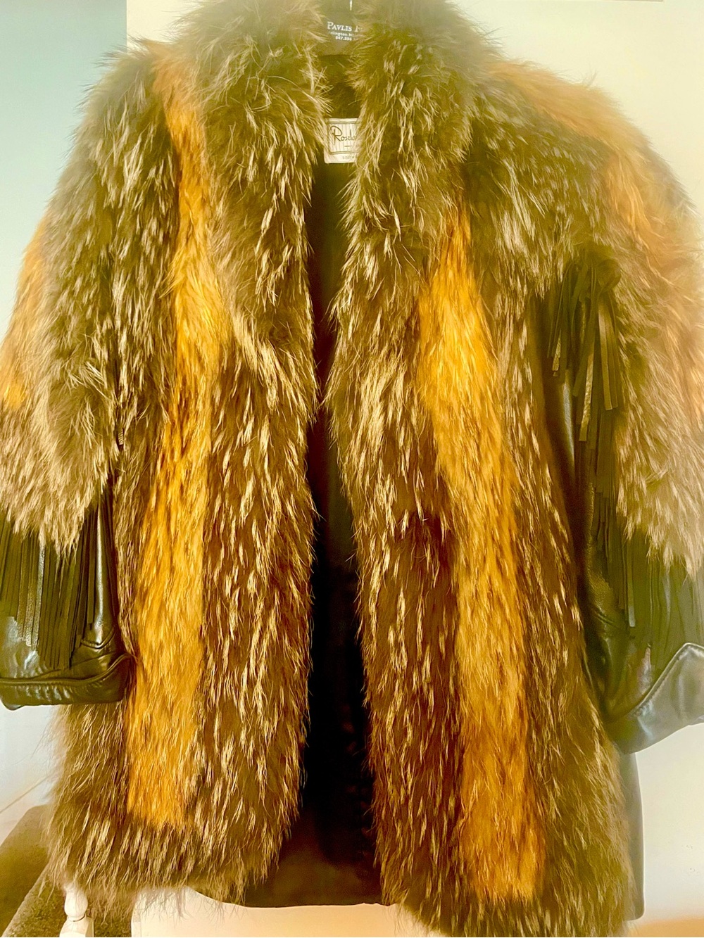 Luxurious Finland Raccoon & Leather Fur Coat with leather fringes